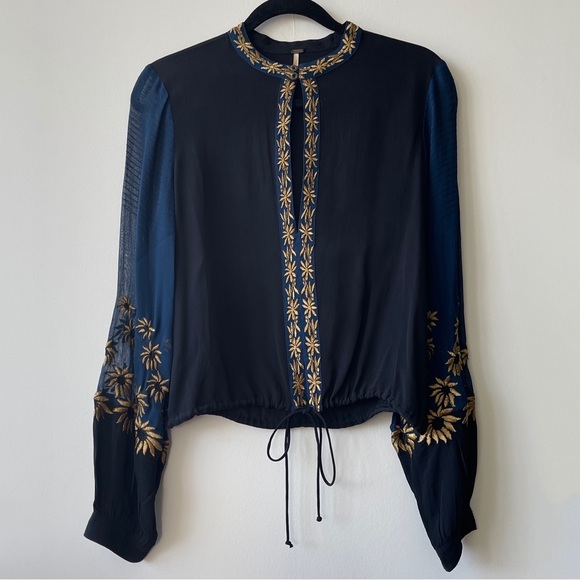 Free People Tops - FREE PEOPLE Floral Embroidered Blouse Black Navy Gold Size S (like new)